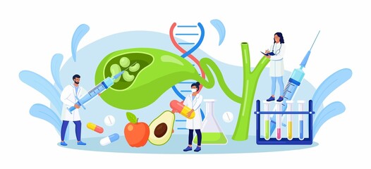 Naklejka premium Stones in gallbladder. Gastroenterologist scientist doctor examine gall Bladder. Doctors treat gallstones. Biliary dyskinesia problems. Cholecystitis laboratory research