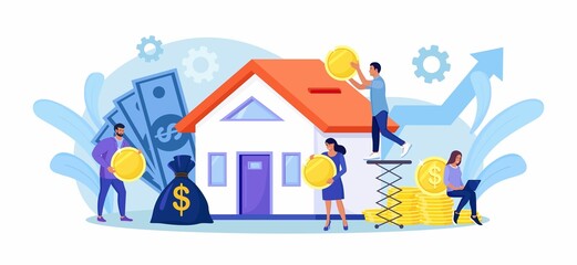 Obraz na płótnie Canvas Tiny people buying house in debt. People investing money in property. Mortgage loan, ownership and savings. Home is like a piggy bank. Real estate investment, house purchase. Vector design
