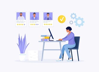 HR Manager working at desk, searching new employee, select resumes of job seekers. Business woman choosing best candidate for job. Recruitment. Agency interview. Human Resource Management and Hiring. 