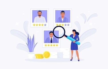Tiny woman Choosing Best Candidate. HR Managers Searching New Employee and Select a Resume of Worker or Personnel. Online Recruitment Process. Human Resource Management and Job Hiring Concept. Vector 