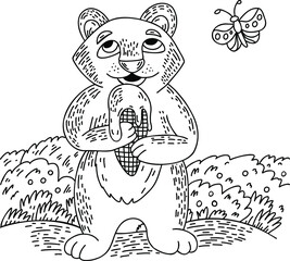 Hand drawn vector outline children illustration for coloring book. Coloring page with bear and ice cream.