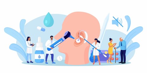 Deafness, Hearing Loss. Doctors Check Health of Ear, Hearing organ.  Deaf Patient with Hear Problem Visit Doctor Audiologist for Treatment. Medical examination, Test of Ears. Big Ear with Hearing Aid.