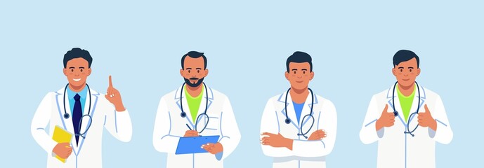 Group of doctors, medical staff standing together Doctor teamwork. Physician team. Friendly and caring medics in white coats with stethoscopes. Vector illustration