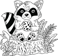 Funny cartoon raccoon with cookie. Hand drawn doodle outline art. Children coloring book.