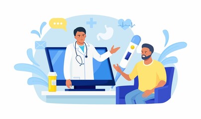 Patient consultation to the doctor by computer. Family physician with stethoscope on the laptop screen. Online medical support. Online doctor. Healthcare services. Ask doctor. Vector illustration