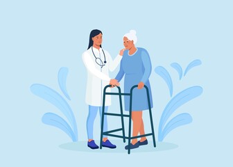 Nurse helps elderly patient with a walker. People in orthopedic therapy rehabilitation. Therapist working with disabled person, rehabilitating physical activity, physiotherapy. Doctor with senior man.
