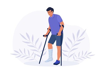 Man walking with broken leg in cast with crutches. Rehabilitation and treatment after accident. Fracture limb. Bone Injury of young patient. Vector design