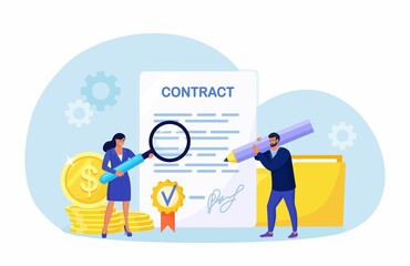 Tiny Business People standing near Contract Document, Reading Privacy Policy, Terms and Conditions. Businessman Signing Contract. Confirming the Agreement. Successful Partnership, Cooperation. Vector 