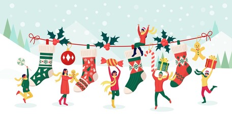Happy People Celebrating Christmas Party. Characters Puts Gifts, Sweets in Big Festive Socks. Preparation for Winter Holidays. Xmas Eve. Merry Christmas and New Year. Vector illustration