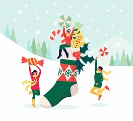 Happy Women Celebrating Christmas Party. Female Characters Puts Gifts, Sweets in Big Red Sock. Preparation for Winter Holidays. Xmas Eve. Merry Christmas and New Year. Vector illustration
