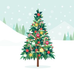 Decorated Christmas Tree with Xmas Stars, Lights, Decoration Balls and Sweets, Glowing Garland. Merry Christmas and Happy New Year. Holiday concept. Vector design