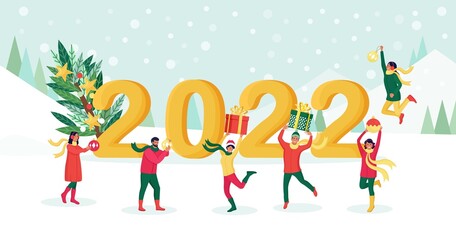 Happy people jumping with gift boxes, decoration balls, baubles with numbers 2022 on background. Friends wish Merry Christmas and happy New Year. Holiday greeting. Cheerful people celebrating xmas. 