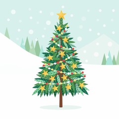 Decorated Christmas Tree with Xmas Stars, Lights, Decoration Balls and Lamps, Glowing Garland. Merry Christmas and Happy New Year. Holiday concept