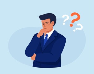 Thoughtful person. Smart man thinking or solving problem. Pensive guy surrounded by question mark. Confused man thinks, trying to find a solution. Confusing situation. Vector design