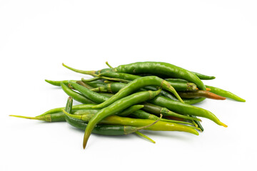 Green chili peppers on white background with shadow. close up