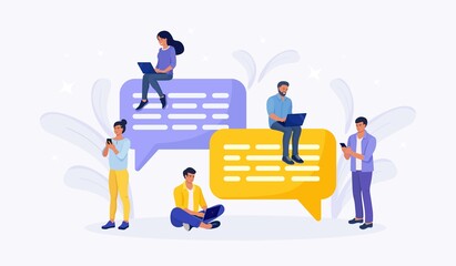People sitting on speech bubbles for dialogue, comment and reply. Businessmen using phone and laptop for texting, communicating on social networks. Chatting in search of ideas, problem solving. Vector