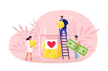 People donate money to poor men. Donation, volunteering, charity. Tiny volunteer on ladder throw coins and bills into huge glass jar with heart sticker. Vector illustration