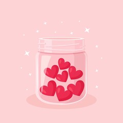 Charity, donation, volunteering and generous social community. Red hearts in a glass jar. Give and share your love, hope, support to people. Vector design