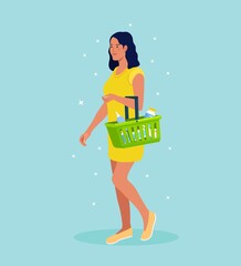 Young woman with shopping basket full of food and drinks in supermarket. Vector illustration