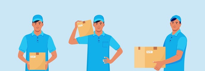 Set of Delivery men with carton box in hands. Courier in cap with parcel. Vector illustration