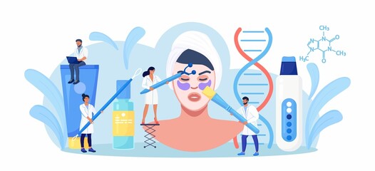 Dermatology and Cosmetology. Facial Massage, Mask, Cleansing, Face and Neck Lifting, Anti-age Treatment. Skin Care and Epidermis Cure Salon Procedure. Patient and Cosmetologist with Beauty Equipment