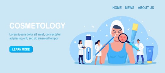 Dermatology, cosmetology. Woman Face with Acne Inflammation, Varicella, Allergies or Cancer. Tiny Doctors Examining Red Spots, Pimples. Dermatologist Diagnosis Skin Disease. Facial Cleansing in salon.