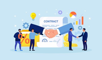 Business people shaking their hands confirming the agreement. Successful partners signing Contract document with stamp. Partnership, Cooperation, business relationship. Handshake. Vector illustration