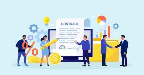 Obraz na płótnie Canvas Contract Agreement. Electronic Document Signature. Tiny Business People Inspecting Contract Document, Reading Privacy Policy and Terms and Conditions. Businessman Signing Official Paper. Vector design
