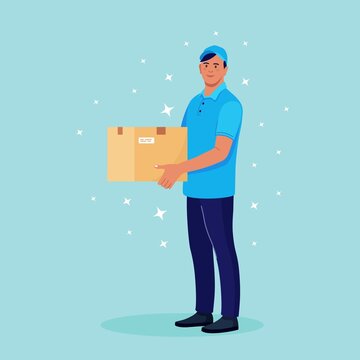Delivery guy with carton box in hands. Courier in cap with parce. Vector illustration