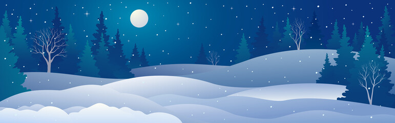 Vector illustration of winter forest panorama, Christmas night background