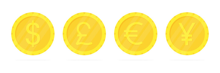 World golden currency coins collection. Money signs of different countries. Vector isolated on white