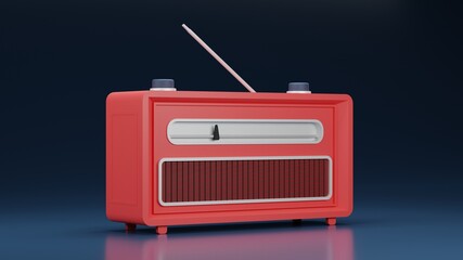 Side view of red classic radio with glossy background in 3d design