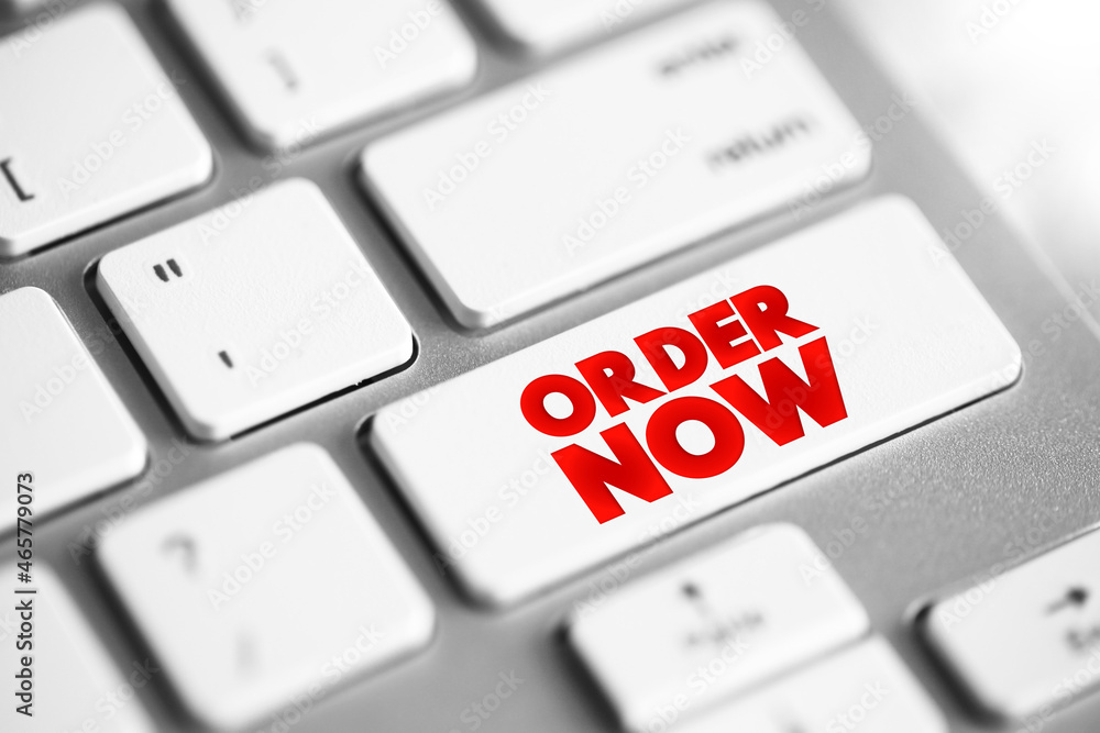 Poster order now text button on keyboard, concept background
