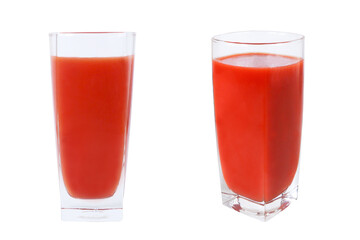 Glass with tomato juice on an isolated white background.