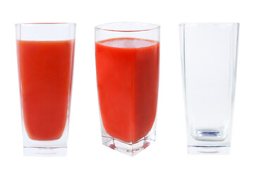Set of empty glasses and glasses with tomato juice on an isolated white background.