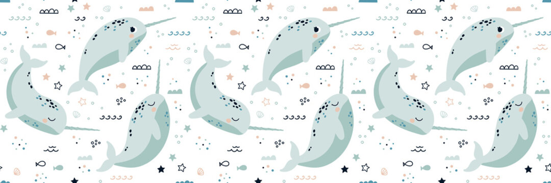 Seamless horizontal pattern with narwhals. Vector illustration in Scandinavian style