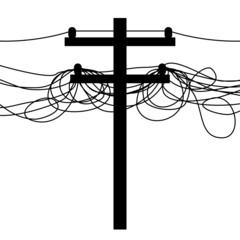 Electrical wires and telephone cable on electric pole messy tangled black icon flat vector design.