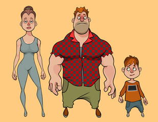 cartoon funny family of strong dad sports mom and little son