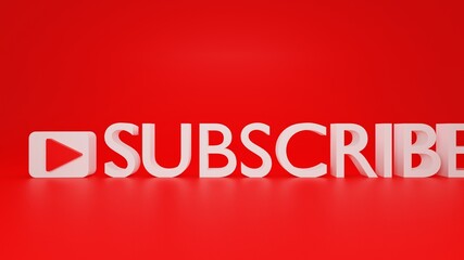 Text subscribe with play icon and red background in 3d design