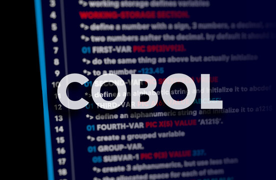 Cobol programming language. Cobol code on dark background in code editor and word Cobol
