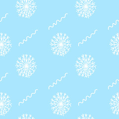 Vector seamless pattern with Snowflakes white line on blue hand painted background.Winter, Christmas, New Years print in doodle style.Design for textiles,fabric,wrapping paper,packaging,wallpaper.