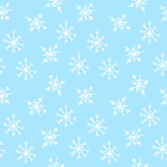 Vector seamless pattern with Snowflakes white line on blue hand painted background.Winter, Christmas, New Years print in doodle style.Design for textiles,fabric,wrapping paper,packaging,wallpaper.