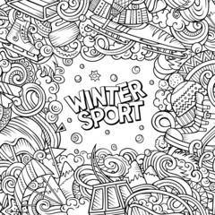 Winter sports hand drawn vector doodles illustration. Ski resort design.