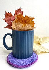 Microfiber cloth for cleaning dishes with kitchen items on the table. Accessories for house cleaning and cleanliness.