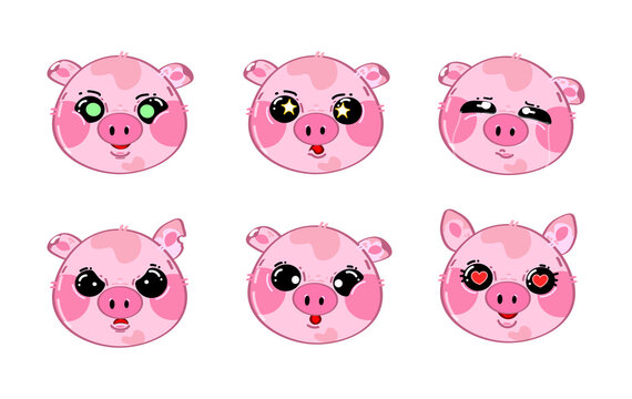Set of cute piggy face different emotions.Vector flat cartoon kawaii character illustration icon. Cartoon cute pig character icon set