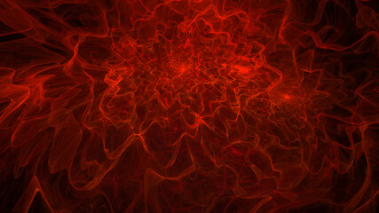 Surreal fractal image of red flashes and lines of convolutions on black 4k
