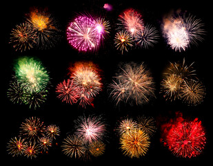 Beautiful bright fireworks on black background, collage