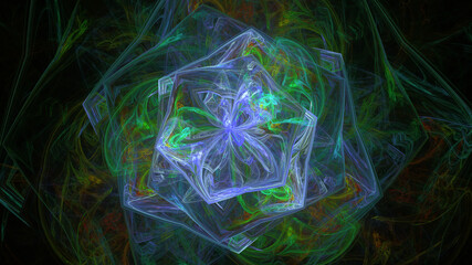 Surreal futuristic magic fractal image of green and blue crystal on black 4k
