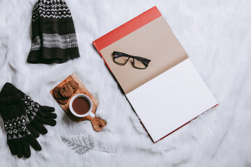 Creative flat lay composition for winter background with blank paper for mock up