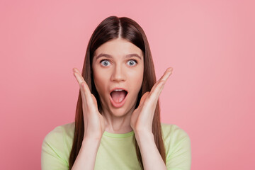 Close up photo portrait of amazed shocked with open mouth girl news reaction isolated bright color background